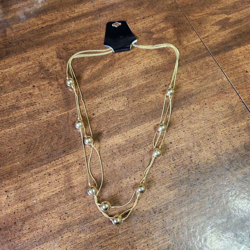 Gold Tone Multi Strand Ball Station Necklace Layered Rope Chain Costume Jewelry